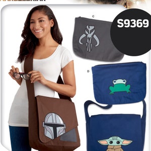 May include: Sewing pattern for four different bags featuring characters from the Star Wars: The Mandalorian TV series. The bags are brown, grey, blue, and blue with a green frog. The pattern is numbered S9369.