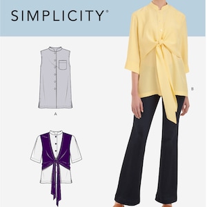 Puede incluir: Un patrón de costura para una blusa con tres estilos diferentes. El primer estilo es una blusa sin mangas con cierre de botones en la parte delantera. El segundo estilo es una blusa de manga larga con un lazo en la cintura. El tercer estilo es una blusa de manga corta con un lazo en la cintura. El patrón es para las tallas US 6-14, EU 32-40 y FR 34-42.