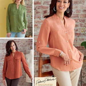 May include: Three women modeling button-down shirts in olive green, peach, and rust colors. The shirts have chest pockets and roll-tab sleeves. The image includes the text "Listing is for sewing pattern only."