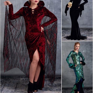 May include: Three different sewing patterns for a long, flowing gown with a high neckline and long sleeves. The gowns are shown in red, black, and green.