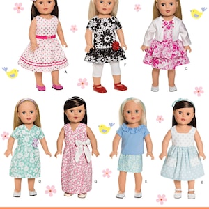 Puede incluir: Una colección de ropa para muñecas de 45,5 cm, que incluye vestidos, tops y faldas. Los conjuntos presentan varios estampados, como lunares y estampados florales, en colores como rosa, azul y blanco. El texto "Listing is for sewing pattern only."