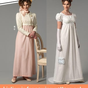 Può includere: Due donne con abiti in stile Regency. Uno è rosa pallido con una giacca color crema e un cappello di paglia. L'altro è bianco con maniche corte e guanti lunghi. Il testo in basso recita "Listing is for sewing pattern only."