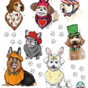 Könnte beinhalten: Nähmuster für sechs verschiedene Hundekostüme. Die Kostüme beinhalten ein Rentier, ein Marienkäfer, Onkel Sam, einen Kobold, einen Kürbis und einen Hasen. Jedes Kostüm beinhaltet einen Hut und ein Bandana.