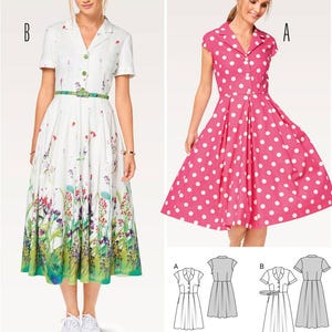 May include: Two dresses and sewing pattern diagrams. One dress is white with a floral print and a green belt. The other is pink with white polka dots. The text at the bottom says "Listing is for sewing pattern only."
