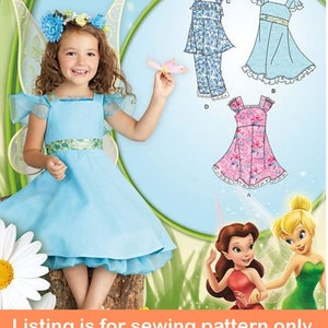 May include: Sewing pattern for a fairy costume with a blue dress, green sash, and wings. The pattern also includes three other dress designs: a blue floral print dress, a pink floral print dress, and a blue floral print dress with matching trousers.
