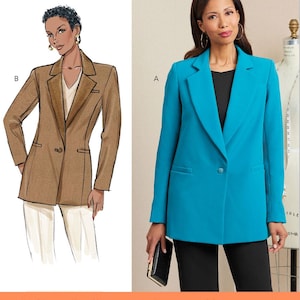 Könnte beinhalten: Ein Schnittmuster für einen Blazer mit zwei verschiedenen Farboptionen: ein brauner Blazer mit braunem Kragen und ein türkisfarbener Blazer mit schwarzem Kragen. Das Schnittmuster enthält Anweisungen zum Nähen des Blazers.