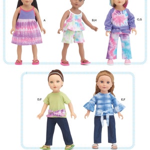 Puede incluir: Un patrón de costura para cinco conjuntos de muñecas diferentes. Los conjuntos son todos de tie-dye e incluyen un vestido, una blusa y pantalones cortos, una sudadera con capucha y pantalones, una camiseta y pantalones, y una blusa y pantalones.