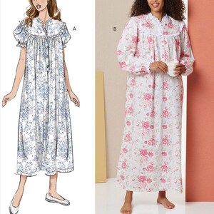 Op de afbeelding: Naai-patroon voor een lange, knoopsluiting nachtjapon met een gerimpelde kraag en korte of lange mouwen. Het patroon omvat twee variaties: een met korte mouwen en een bloemenprint, en een met lange mouwen en een roze bloemenprint. Het patroon is gemarkeerd met "A" en "B".