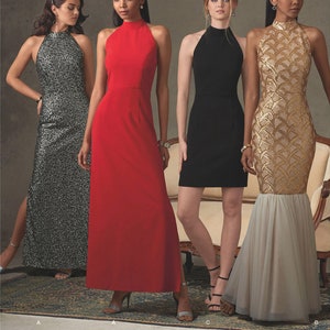 May include: Sewing pattern for four halter-style dresses. The dresses are in black, red, gold, and silver sequins. The pattern includes instructions for making each dress.