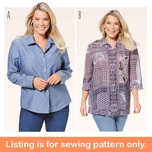 May include: Two button-down shirts are shown. One is a solid blue, long-sleeved shirt. The other is a patterned, three-quarter-sleeved shirt with a mix of purple, blue, and white designs. The text at the bottom says "Listing is for sewing pattern only."
