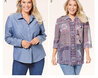 May include: Two button-down shirts are shown. One is a solid blue, long-sleeved shirt. The other is a patterned, three-quarter-sleeved shirt with a mix of purple, blue, and white designs. The text at the bottom says "Listing is for sewing pattern only."
