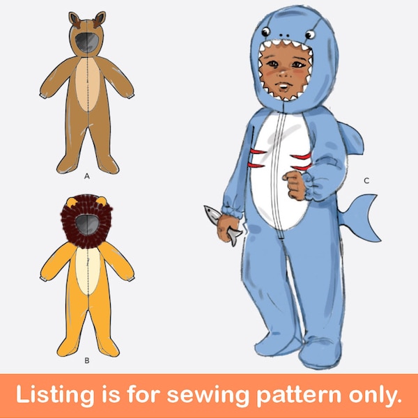 COSTUME SEWING PATTERN | Sew Boy Girl Toddler Halloween Outfit | Shark Lion Deer Rudolph Red-Nose Reindeer Size 1/2 1 2 3 4 Christmas 10654