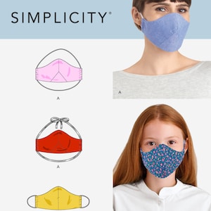 May include: A Simplicity sewing pattern for making face masks. The pattern includes instructions for making three different styles of masks: a pink mask with a simple design, a red mask with ties, and a yellow mask with elastic ear loops. The pattern also includes instructions for making a child-sized mask with a floral print.