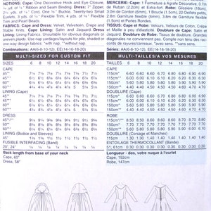 May include: A sewing pattern instruction sheet for a floor-length hooded cape and a long-sleeved dress with a fitted bodice and flared skirt. The document includes technical diagrams, fabric requirements, and sizing charts in English and French.
