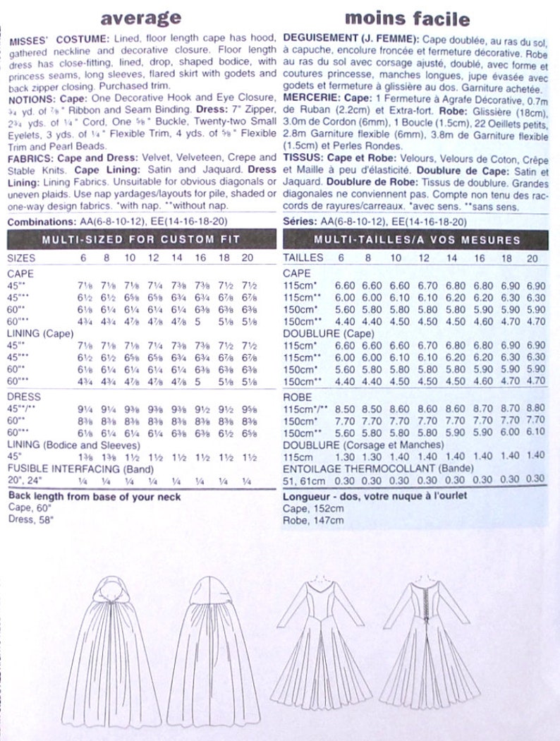 May include: A sewing pattern instruction sheet for a floor-length hooded cape and a long-sleeved dress with a fitted bodice and flared skirt. The document includes technical diagrams, fabric requirements, and sizing charts in English and French.