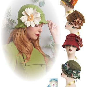 May include: A sewing pattern for five different styles of felt hats. The hats are shown on mannequins and feature various colors and embellishments, including a large flower, a floral print, and a geometric pattern.