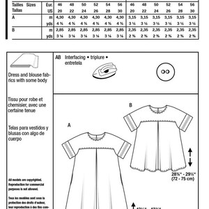 May include: A sewing pattern for a dress and blouse, featuring two design options. The pattern includes size charts in inches and fabric requirements. The dress length is 28"-29" (72-75 cm), and the overall length is 42&frac12;"-43&frac34;" (107-111 cm).