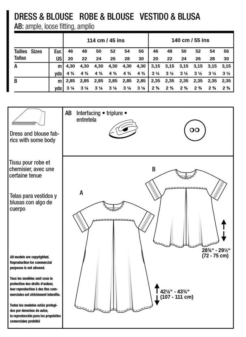 May include: A sewing pattern for a dress and blouse, featuring two design options. The pattern includes size charts in inches and fabric requirements. The dress length is 28"-29" (72-75 cm), and the overall length is 42&frac12;"-43&frac34;" (107-111 cm).