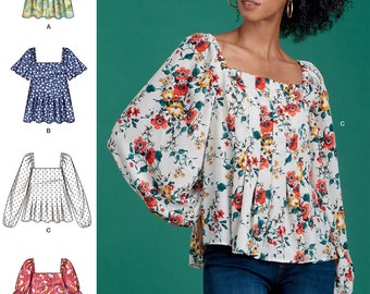 SHIRT SEWING PATTERN | Sew Women Clothes Clothing | Peasant Top Boho Blouse Long Short Sleeves | Size 6 8 10 12 14 16 18 20 22 24 Plus 9452