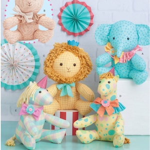 May include: Sewing pattern for five plush toys: a lion, a cat, a giraffe, a unicorn, and an elephant. The toys are all sitting on a blue surface with a red and white striped barrel in the background. The pattern includes instructions for making each toy, as well as tips for adding details like eyes, noses, and mouths.