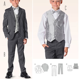May include: Sewing pattern for a boy's suit with a jacket, waistcoat, and trousers. The pattern includes instructions for making a striped jacket, a silver waistcoat, and striped trousers. The pattern is labelled A, B, and C.