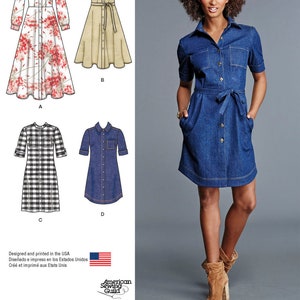 Może przedstawiać: Wzór szycia na sukienkę koszulową z czterema różnymi wariantami. Wzór zawiera wzór kwiatowy, wzór w kratę, jednolity denim i jednolity beżowy materiał. Wzór został zaprojektowany i wydrukowany w USA.