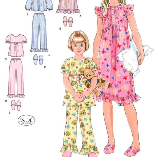 SLEEPWEAR SEWING PATTERN | Sew Girls Clothes Clothing | Nightgown Pajamas Slippers | Size 3 4 5 6 | Long Short Sleeves Nightwear Ruffle 2831