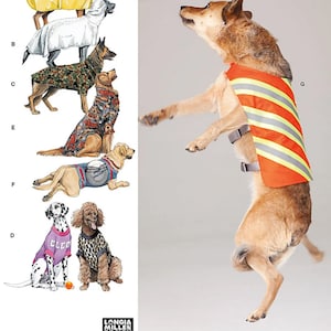 Op de afbeelding: Naai-patroon voor hondenkleding. Het patroon bevat instructies voor het maken van een regenjas, een capuchonjas, een camouflagejas, een trui, een vest en een veiligheidsvest. Het patroon is geïllustreerd met tekeningen van honden die de verschillende kledingstukken dragen.