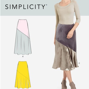 May include: A sewing pattern for a skirt with three different styles. The skirt is shown in three different colors: pink and gray, yellow, and purple and silver. The pattern is for sizes 6-14.