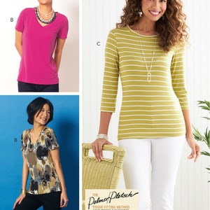 May include: Sewing pattern for a women's top with three different styles: a solid pink top, a striped yellow and white top, and a floral print top. The pattern includes instructions for the "Tissue Fitting Method".