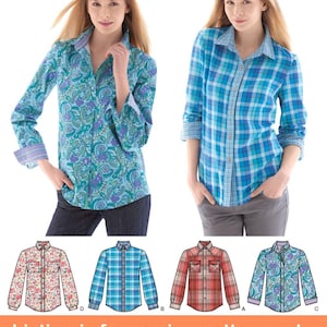 May include: A sewing pattern for a long-sleeved button-down shirt with different fabric options. The pattern includes four different fabric designs: a paisley print, a plaid print, a floral print, and a solid color. The pattern is labeled with letters A, B, C, and D. The text "Listing is for sewing pattern only." is at the bottom of the image.