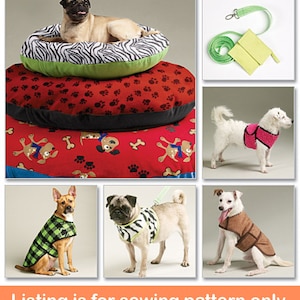 May include: Sewing pattern for dog clothes and accessories. The pattern includes instructions for making a dog bed, a harness, a leash, and a sweater. The pattern is shown with different dogs wearing the finished items.