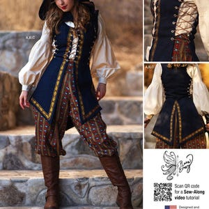 May include: A navy blue hooded vest and patterned trousers sewing pattern. The vest has gold trim and a lace-up front. The trousers feature a red, blue, and gold pattern. The outfit is worn with a white blouse and brown boots. The image includes the text "Listing is for sewing pattern only."