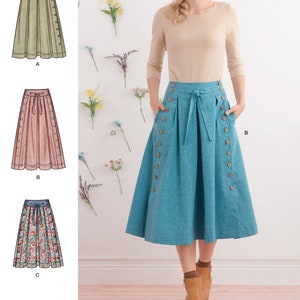 May include: Sewing pattern for a skirt with a tie waist and button detailing. The pattern includes three different skirt styles: a green plaid skirt, a pink striped skirt, and a blue floral skirt.