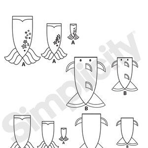 May include: A black and white line drawing pattern for a mermaid tail costume. The pattern includes front and back views of the tail, with different sizes for different ages. The pattern is labelled with the letters A and B.
