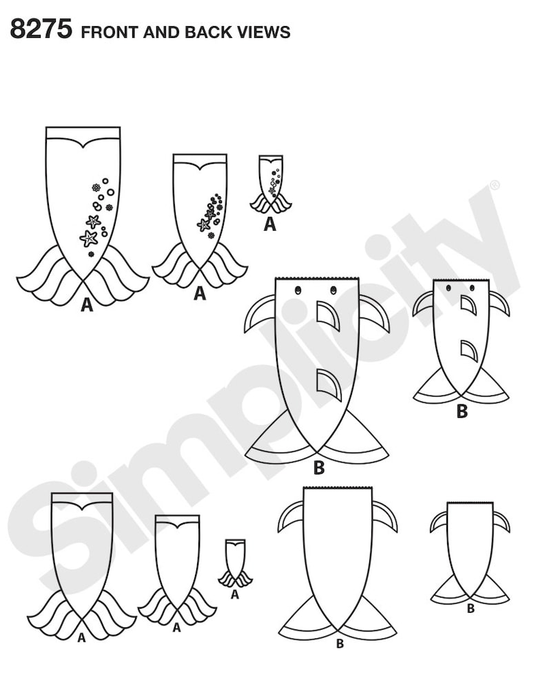 May include: A black and white line drawing pattern for a mermaid tail costume. The pattern includes front and back views of the tail, with different sizes for different ages. The pattern is labelled with the letters A and B.