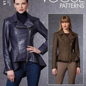 PATRONS DE COUTURE VESTE | Coudre des vêtements pour femmes | Fermeture éclair à basque en cuir pour moto, taille 8 10 12 14 16 18 20 22 24 Plus 1714