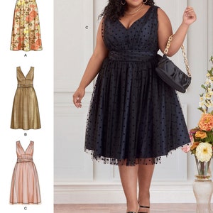 May include: A sewing pattern for a sleeveless dress with a V-neckline and a fitted bodice. The dress has a full skirt and a sash at the waist. The pattern is available in three different styles: a floral print, a solid gold colour, and a solid peach colour. The pattern is designed and printed in the USA.