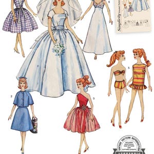 Könnte beinhalten: Vintage Simplicity Schnittmuster mit sechs Kleiderdesigns. Die Illustration zeigt ein Hochzeitskleid, ein blaues Kleid mit Cape, ein rotes One-Shoulder-Kleid und andere Kleider. Der Text lautet "Listing is for sewing pattern only."