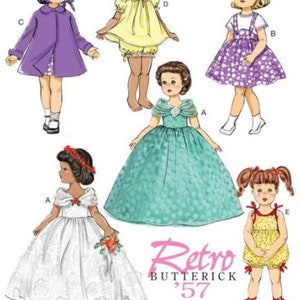Peut inclure: Un patron de couture pour confectionner des vêtements de poupée. Le patron comprend cinq tenues différentes : une robe blanche, une robe verte, une robe violette, une robe jaune et une combinaison jaune. Le patron est de Butterick et est intitulé "Retro '57".