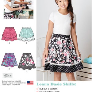 May include: A sewing pattern for a girl's skirt with different fabric options. The pattern includes instructions for cutting out a pattern, sewing a narrow hem, sewing a double elastic waist casing, and sewing on trim. The pattern is designed and printed in the USA.