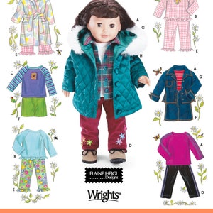 May include: An image showcasing various doll clothing patterns. The patterns include a quilted teal jacket with a faux fur hood, pajamas, a skirt and top set, a denim jacket and skirt, and a pink and black tracksuit. The text "18 1/2" Doll Clothes" is visible.
