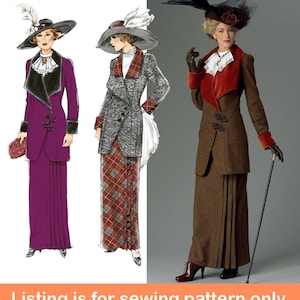 Puede incluir: Un patrón de costura para una chaqueta y una falda de estilo vintage. La chaqueta tiene un cuello chal y un cierre de botón. La falda es una falda larga y plisada. El patrón se muestra en tres combinaciones de colores diferentes: morado, marrón y a cuadros.