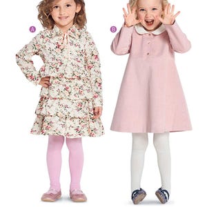May include: Two young girls wearing dresses. One dress is floral with a tiered skirt, the other is pink with a white collar. Both girls are wearing tights and shoes. The text at the bottom reads "Listing is for sewing pattern only."