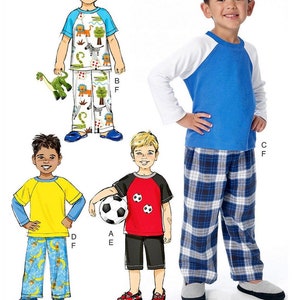 May include: Sewing pattern for boys' pajamas. The pattern includes four different styles: a blue and white striped pajama top with matching pants, a red and white striped pajama top with matching shorts, a yellow pajama top with blue and yellow patterned pants, and a blue pajama top with plaid pants. The pattern is for sizes A, B, C, and D.