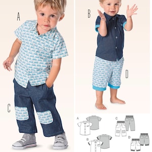 Puede incluir: Se muestran dos conjuntos para niños pequeños. Un conjunto incluye una camisa de manga corta con un estampado de coche y pantalones vaqueros con parches en las rodillas con estampado de coche. El otro conjunto incluye una camisa vaquera y pantalones cortos con un estampado de coche. El texto en la parte inferior dice "Listing is for sewing pattern only."