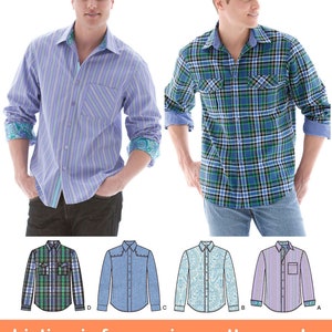 Pode incluir: Padrão de costura para quatro camisas de manga comprida diferentes. As camisas são de vários padrões, incluindo xadrez, paisley e listras. O padrão é para os tamanhos A, B, C e D.