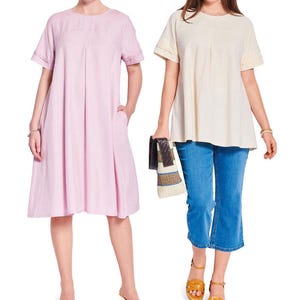 May include: Two women modeling clothing. One wears a light pink dress with short sleeves and pockets. The other wears a cream-colored top with blue jeans. The text at the bottom says "Listing is for sewing pattern only."