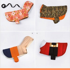 May include: Four different dog coat sewing patterns. The patterns are for a hooded coat with floral print, a camouflage coat, a hooded coat with orange and blue stripes, and a red coat with black and gold trim.