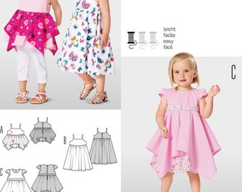 Puede incluir: Patrón de costura para tres estilos diferentes de vestidos para niñas. El patrón incluye instrucciones para un vestido rosa con un dobladillo con volantes, un vestido blanco con estampado de mariposas y un vestido rosa con ribete blanco.
